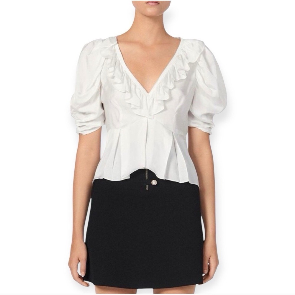 Sandro Paris Erika short sleeve white silky romantic ruffle blouse‎